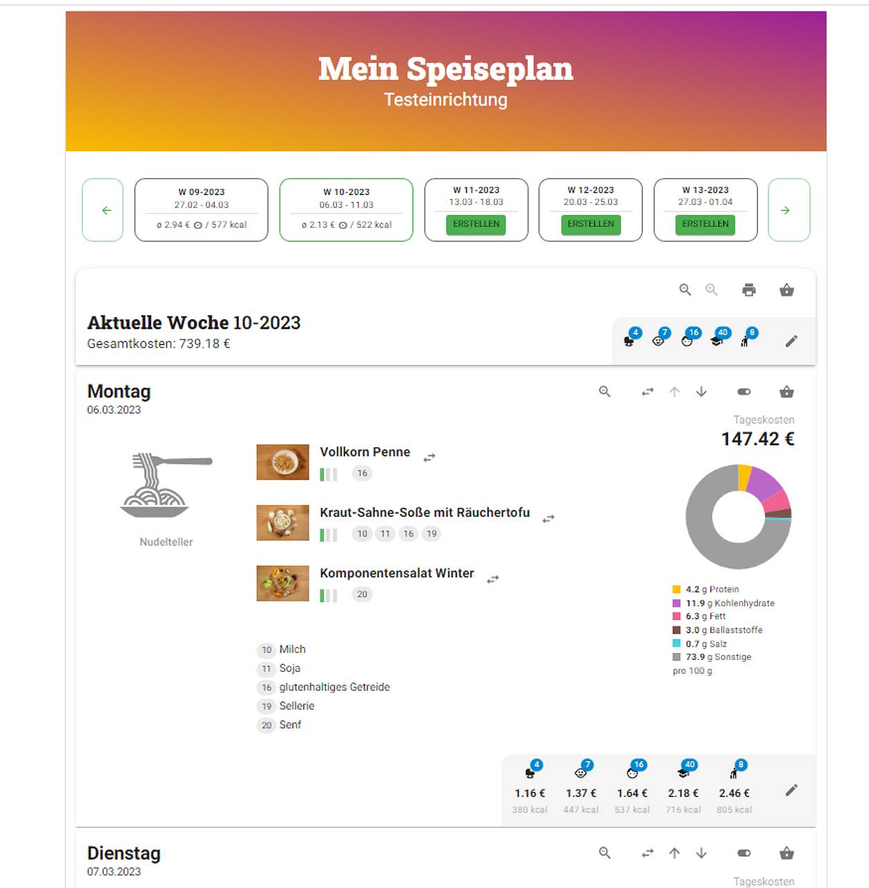 Ansicht des Speiseplans